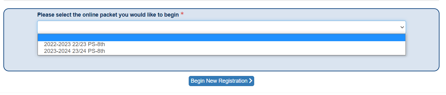 A dropdown menu that says 'Please select the online packet you would like to begin" with two options 2022-2023 and 2023-2024